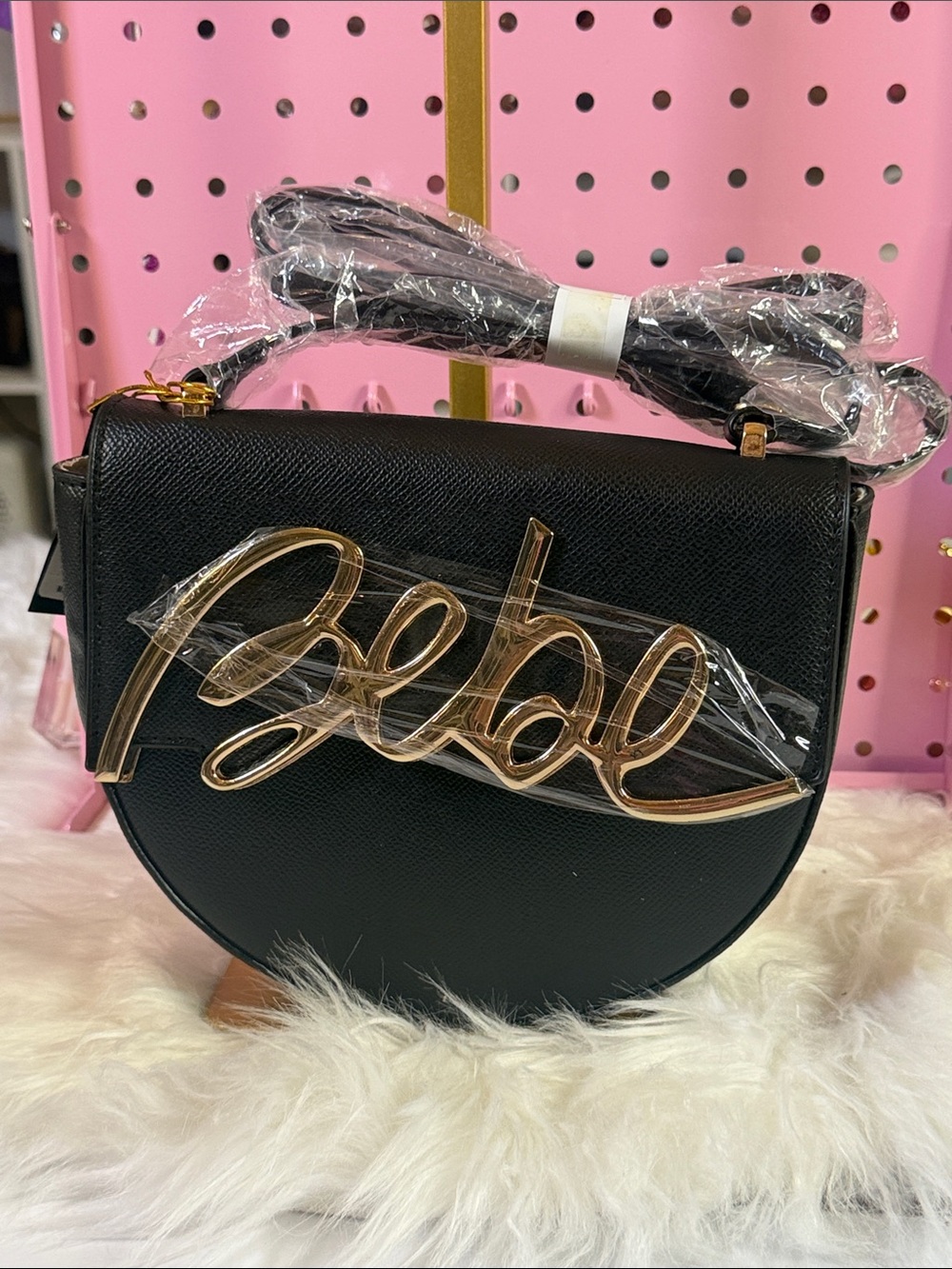 Bebe Black Women's Crossbody Bag with Gold Script Accent
